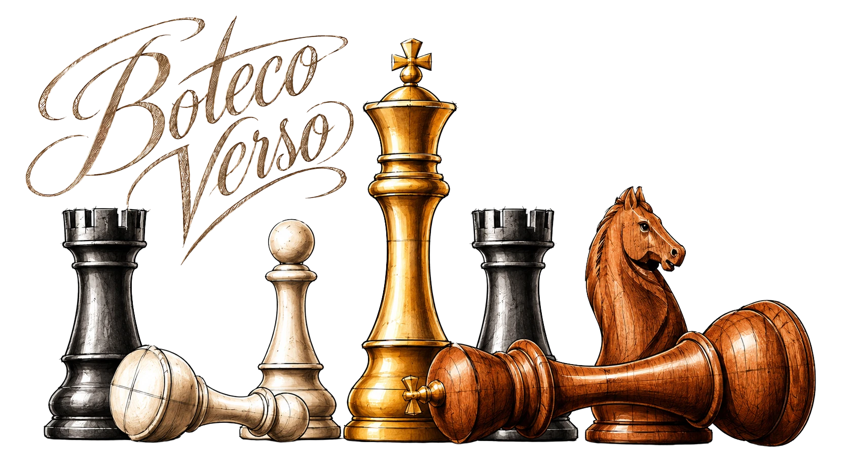 Ilustração de peças de xadrez com o logo Boteco Verso